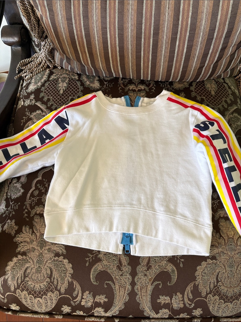 Stella McCartney Kids White Sweatshirt with Red & Yellow Sleeve Stripes